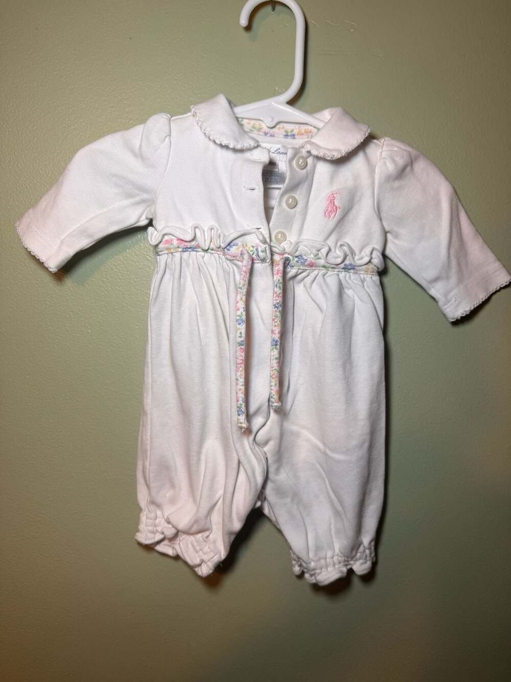 Ralph Lauren Ruffled Cotton Coverall Size Newborn White Floral Trim